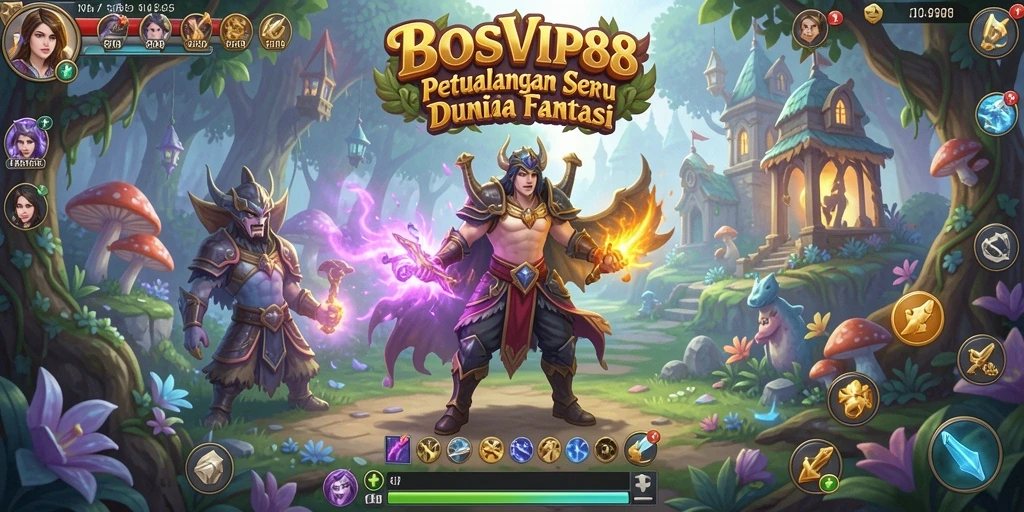Tampilan gameplay BOSVIP88 menampilkan para karakter berpetualang di dunia fantasi.