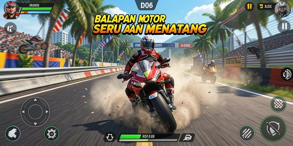 Gameplay seru D06 dengan balapan motor yang mendebarkan.