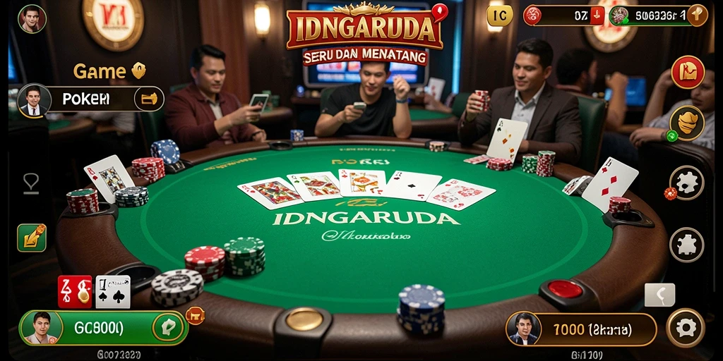 Screenshot menunjukkan gameplay seru IDNGARUDA dengan pemain berinteraksi di meja poker.