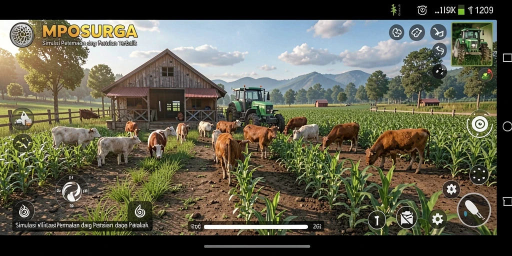Screenshot gameplay <strong>MPOSURGA</strong> menampilkan pemandangan ladang yang indah dan hewan ternak.