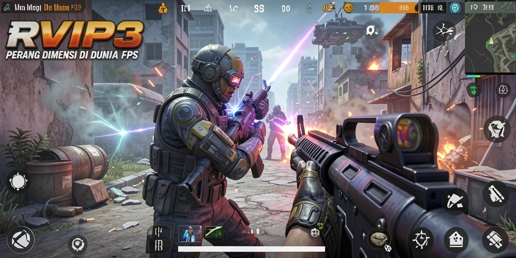 Screenshot utama RVIP3 menampilkan aksi pertempuran yang mendebarkan dalam game FPS.