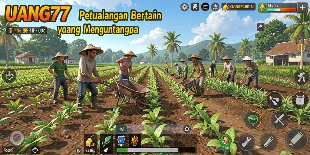Screenshot gameplay UANG77 menampilkan lahan pertanian yang subur.