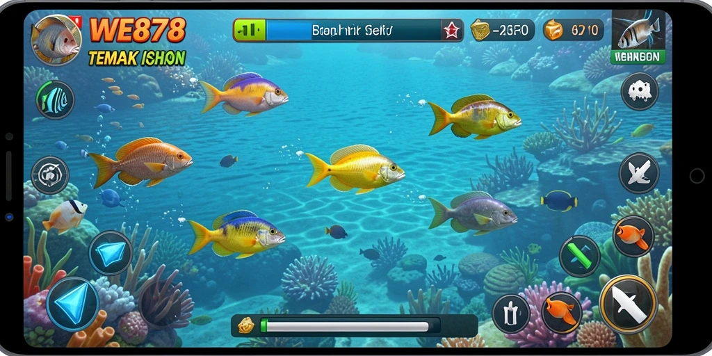 Screenshot gameplay WE878 yang penuh aksi menembak ikan.